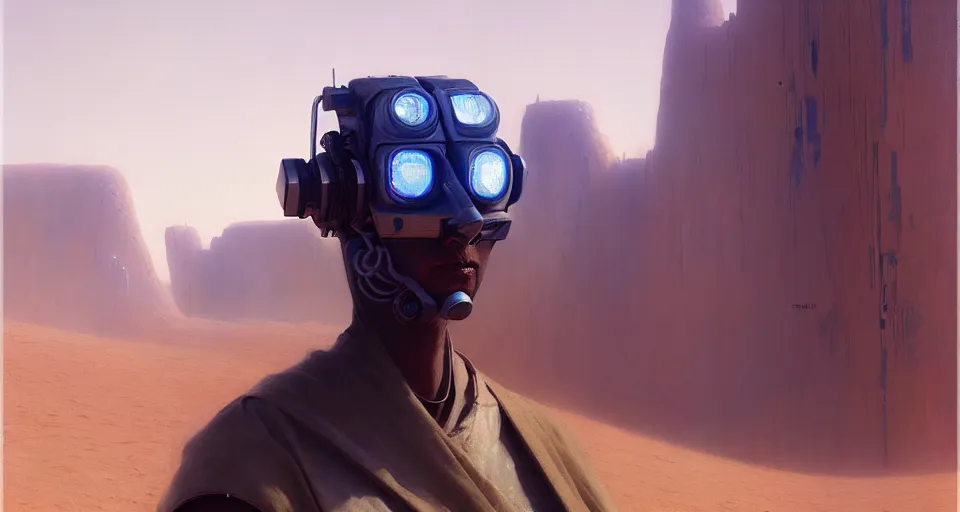 Prompt: painting of a protrait of a cyberpunk touareg, by ruan jia, weldon casey, ralph mcquarrie. smooth gradients, transparent inflatable structures in akakus desert. artstation