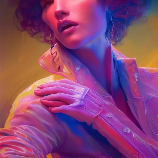 Image similar to Beautiful Professional Model in a Dream Neon Suit, detailed, centered, digital painting, artstation, concept art, donato giancola, Joseph Christian Leyendecker, WLOP, Boris Vallejo, Breathtaking, 8k resolution, extremely detailed, beautiful, establishing shot, artistic, hyperrealistic, beautiful face, octane render, cinematic lighting, dramatic lighting, masterpiece