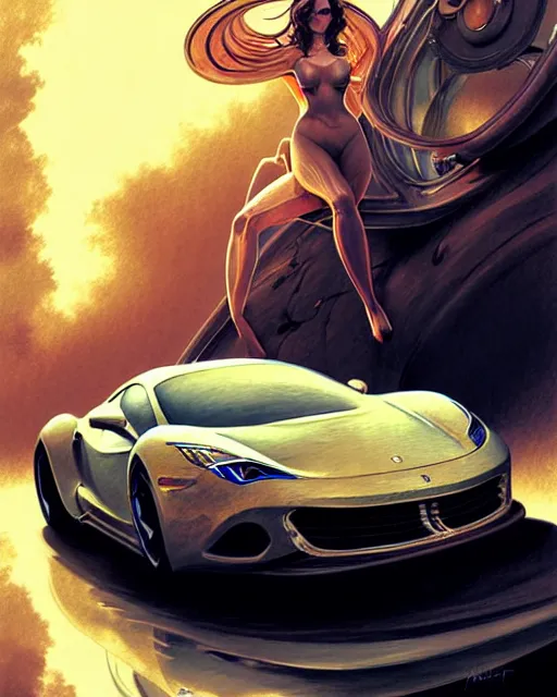 Image similar to Art nouveau Ferarri car, fantasy, intricate motion blur designs, elegant, highly detailed, sharp focus, art by Artgerm and Greg Rutkowski and WLOP