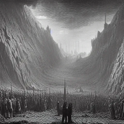 Image similar to a bleak dystopian world, divided down the middle by gustave dore, vivid synthwave colours