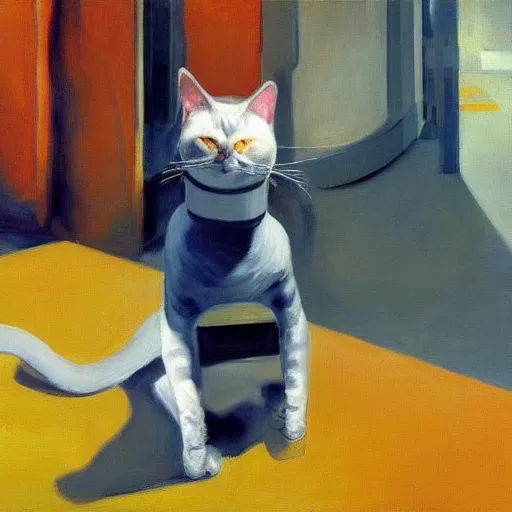 Prompt: a futuristic robotic cat wearing a hat, a highly detailed edward hopper painting, by adrian ghenie and gerhard richter. art by sorolla. masterpiece, flat surreal design with deep colours. 8 k. artstation