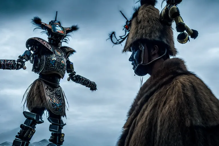 Image similar to vfx film closeup, futuristic mongolian warriors, sci - fi mongolian village, robot stand - off, flat color profile low - key lighting award winning photography arri alexa cinematography, hyper real photorealistic cinematic, atmospheric cool colorgrade