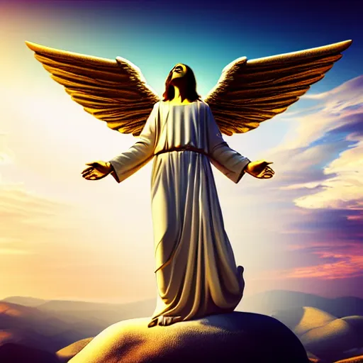 Image similar to gigantic biblical depiction of an angel towering over a vast landscape, cinematic, realistic, geometric white marble body, photorealistic, detailed, gold sky, global illumination, volumetric lighting, god rays, beautiful composition, majestic clouds, soft colors, heavenly lighting