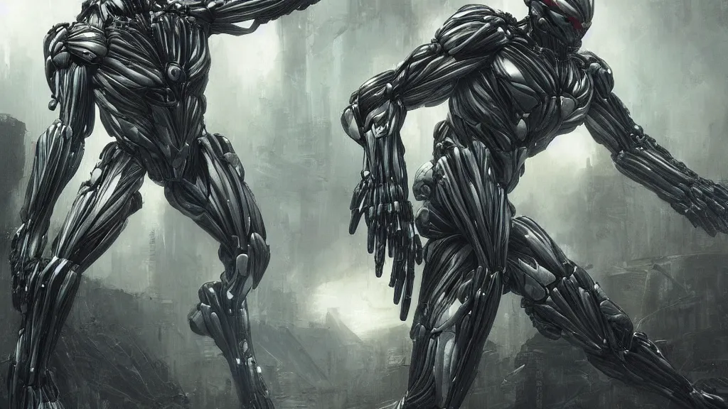 Image similar to crysis nanosuit with powerful biological muscle augmentation, machines, bleak, remnants of the human civilization at dusk, painted by tsutomu nihei, painted by artgerm and greg rutkowski