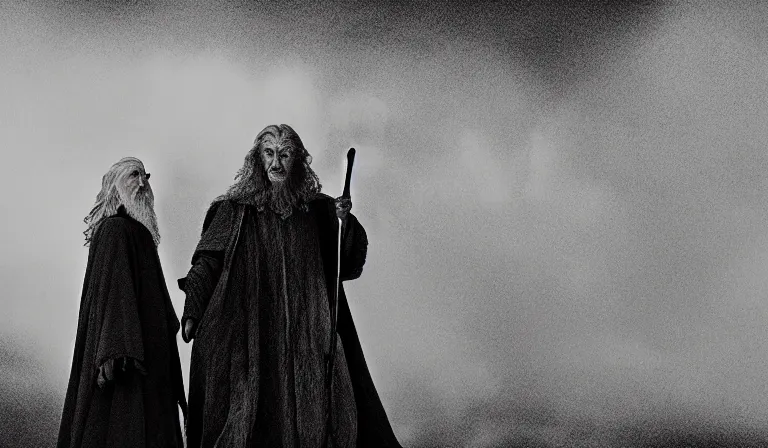 Prompt: gandalf and frodo, in the style of akira kurosawa, cinematic, dramatic lighting, black and white, film grain