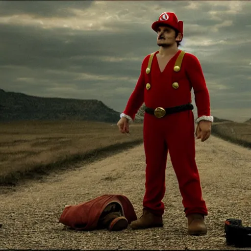 Image similar to Pedro pascal as super Mario, cinematic movie, dramatic scene, Martin Scorsese film