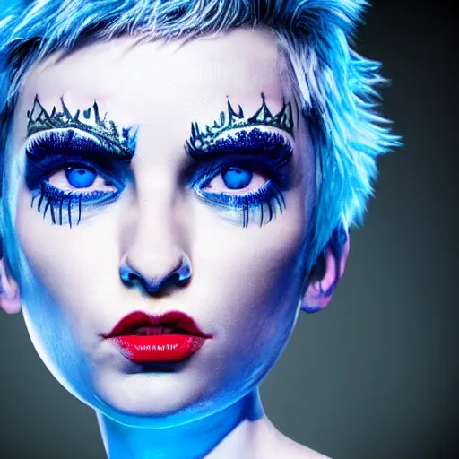 Image similar to crazy girl with large dazzling blue cybernetic eyes, character portrait, short white hair, pixie nose, mythic glowing blue tattoos, creepy, photorealistic, cinematic composition, hyper real, upscaled, ultra detailed