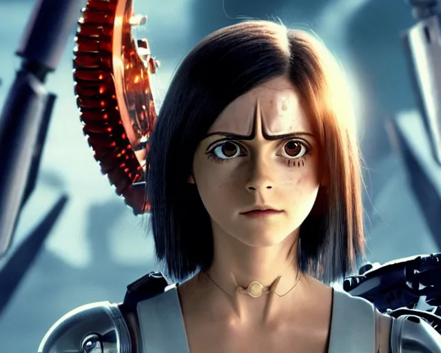 Image similar to a film still from battle angel alita played by actress emma watson, futuristic, cinematic lighting, photorealistic, lifelike, highly detailed, close - up, photorealistic, high resolution