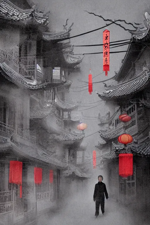 Image similar to on the night of the chinese new year's day, many chinese ghosts wander in the ancient chinese streets. the guiding line composition method, the tindal effect, the soft light, the cool color, by wu jinyuan, trending on artstation