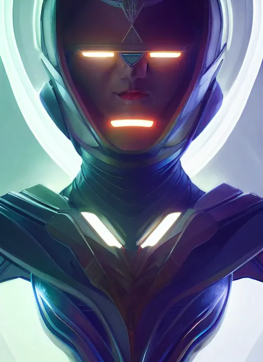 Image similar to symmetry!! portrait of faceted armour, tech wear, scifi, glowing lights!! intricate elegant, highly detailed, digital painting, artstation, concept art, smooth, sharp focus, illustration, art by artgerm and greg rutkowski and alphonse mucha