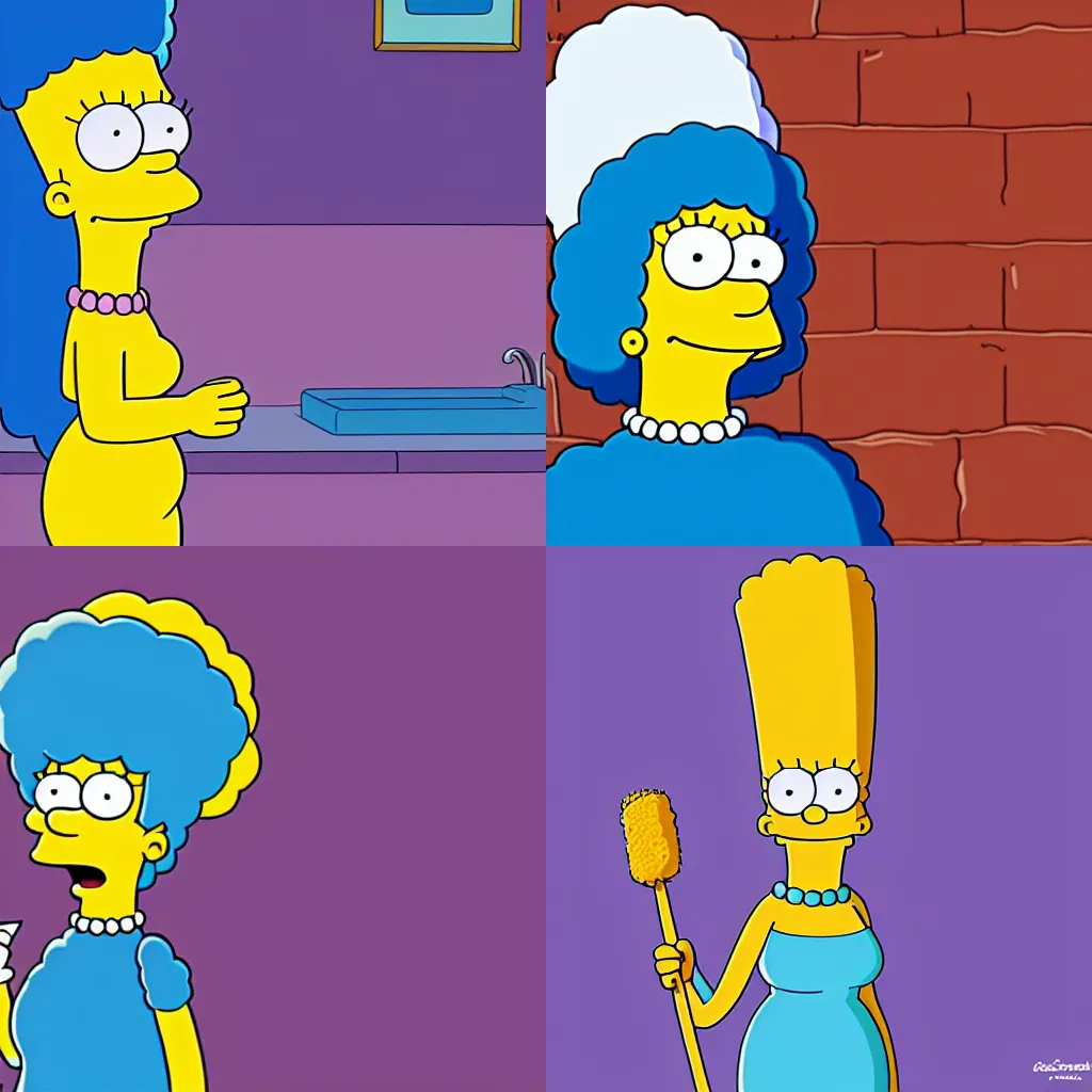 Prompt: Marge Simpson with a cotton duster and a towel on her head, high resolution 8k, cartoon, animation, Matt Groening, Simpsons, tv show, funny, DSLR, cinematic, serene,