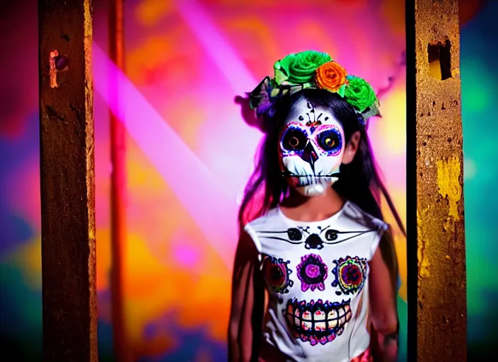 Image similar to a child wearing dia de los muertos costume sits in a cage, behind bars, during a laserium lasershow, whispers secrets to her alejbrie animal spirit. sharpe matte painting, lowbrow, pop surrealism art style, alebrijes aesthetic, contemporary art illustration, photography by steven curry, ultra real 8 k photography