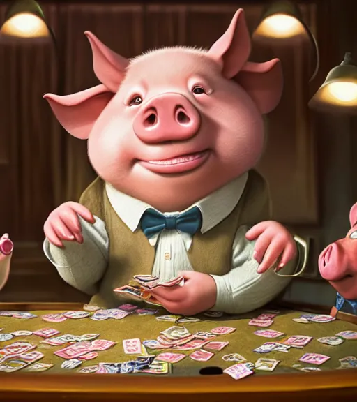 Prompt: very beautiful portrait of an extremely cute and adorable pig playing poker, smooth, perfect face, fantasy, character design by mark ryden and pixar and hayao miyazaki, sharp focus, concept art, harvest fall vibrancy, intricate detail, cinematic lighting, hyperrealistic, 3 5 mm, diorama macro photography, 8 k, 4 k