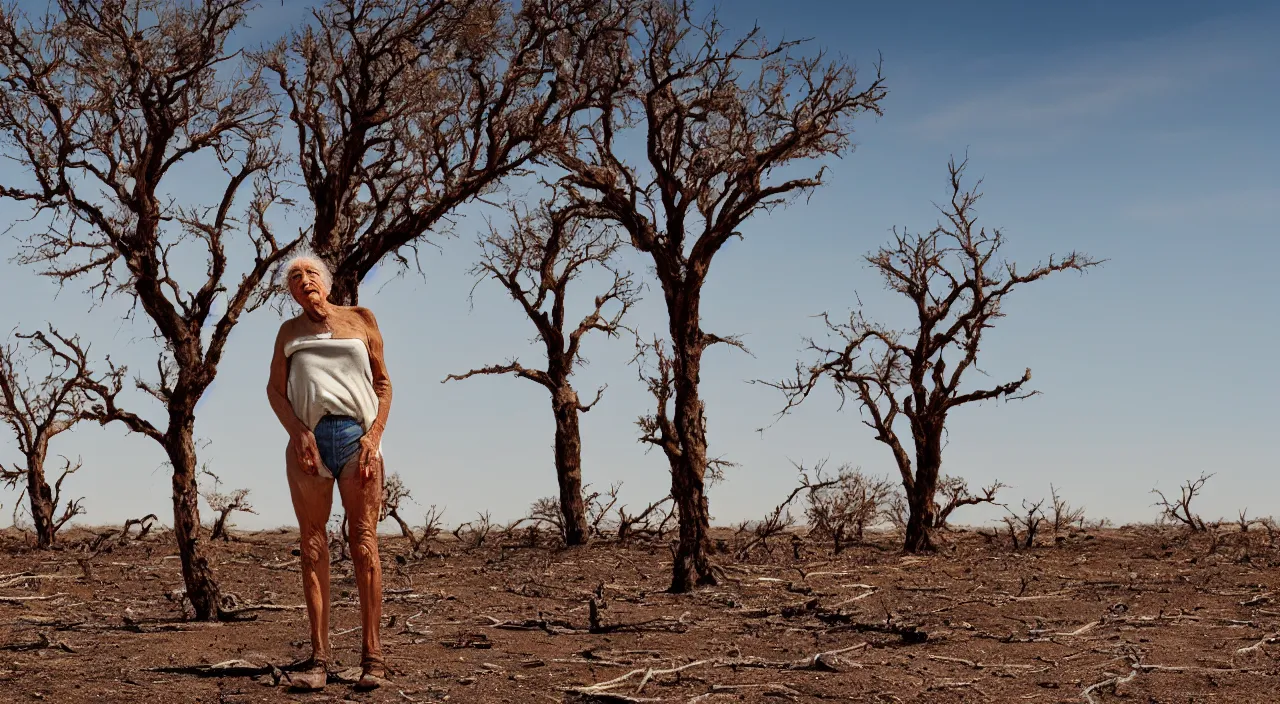 Image similar to full shot of a 65-year-old Gaia, crying emotionless, facing the camera and standing in front of a dried up river in a desolate land, dead trees, blue sky, hot and sunny, highly-detailed, elegant, dramatic lighting, artstation, 4k, cinematic landscape, photograph by Elisabeth Gadd