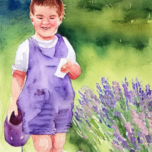 Prompt: a young boy walking in a field of lavender, talking on the phone and smiling, watercolour painting, french style,