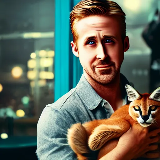 Image similar to Ryan Gosling holding cute caracal in a cafe in a cyberpunk city, close up shot, sharp focus, shallow depth of field, highly detailed face, 8k, unreal engine 5, cinematic lighting, vivid elegant fantasy concept art, character art, stern blue neon atmosphere, artstation, deep complimentary colors, volumetric lighting, photorealistic, hyperdetailed 3D matte painting, hyperrealism, hyperrealistic masterpiece