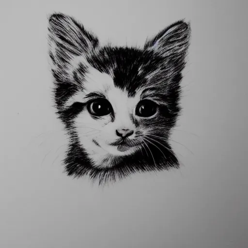 Image similar to black and white marker drawing of a baby kitten, floating head, white background