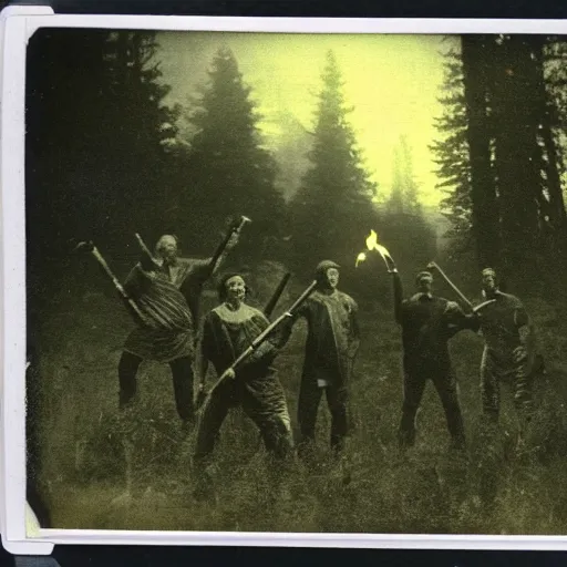 Image similar to old polaroid depicting cultists with torches, at a clearing, at dusk, green tentacles everywhere