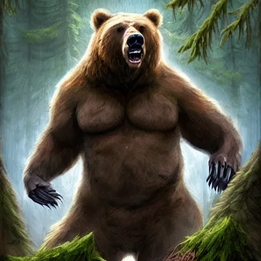 Image similar to one ferocious giant grizzly bear monster with 4 arms in a forest, fantasy concept art, by greg rutowski, detailed, epic pose