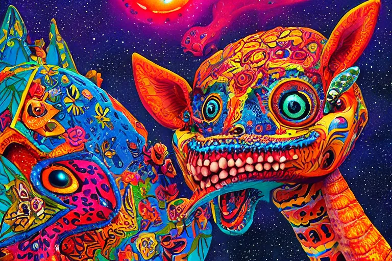 Image similar to Alebrijes” full body portrait, 3-D 8k , digital art, Mexican folk art, cute single animal, contrasting nebula background, Hyperdetailed, Martin Sandiego, Julia Fuentes, Adi Granov