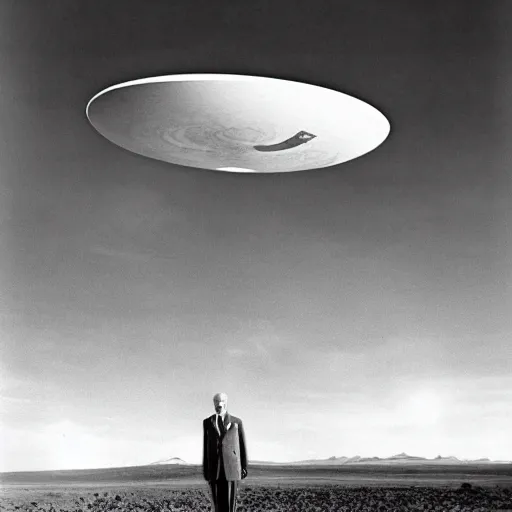 Image similar to president eisenhower aboarding a ufo in the desert as high ranked government officials are watching, black and white old photo