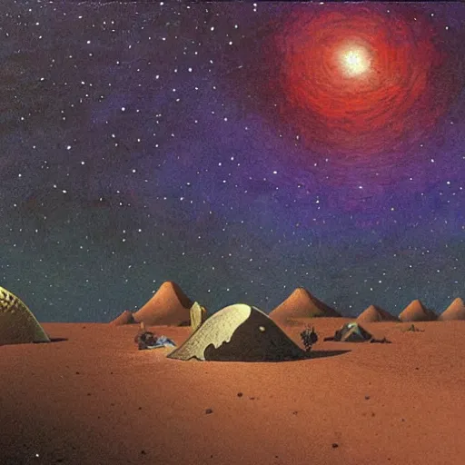 Image similar to desert, night, stars, tabernacle, camp around painted by richard corben