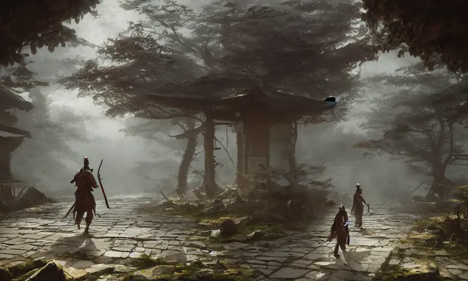 Prompt: Futuristic matte painting of a [samurai warrior] walking through [an abandoned japanese village], volumetric light scattering, highly detailed, digital art, Andreas Rocha, Greg Rutkowski, Darek Zabrocki, ArtStation, CGSociety, Unreal Engine, 4K, 8K