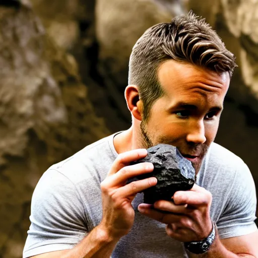 Image similar to photo of ryan reynolds eating a boulder, highly detailed, extremely high quality, hd, 4 k, 8 k, professional photographer, 4 0 mp, lifelike, top - rated, award winning, realistic, detailed lighting, detailed shadows, sharp, no blur, edited, corrected, trending