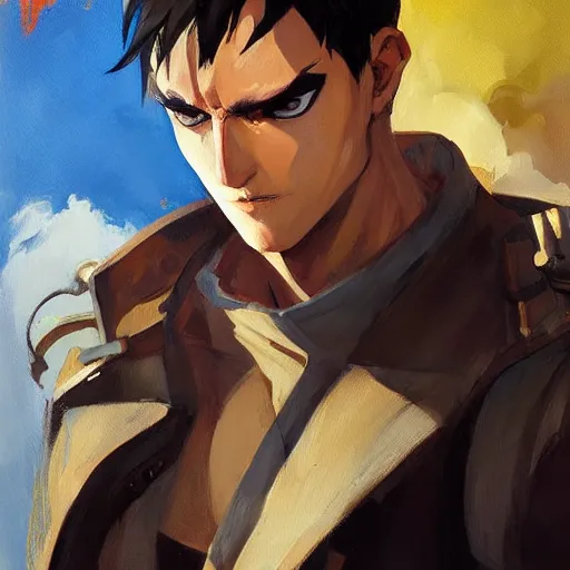 Image similar to greg manchess portrait painting of eren jeager as overwatch character, design in overwatch style, medium shot, asymmetrical, profile picture, organic painting, sunny day, matte painting, bold shapes, hard edges, street art, trending on artstation, by huang guangjian and gil elvgren and sachin teng