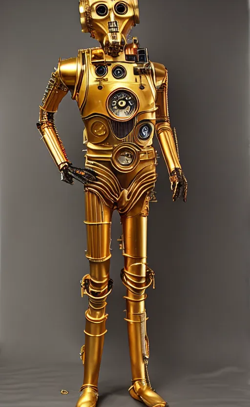 Image similar to steampunk version of c 3 po, promotional photo, studio lighting