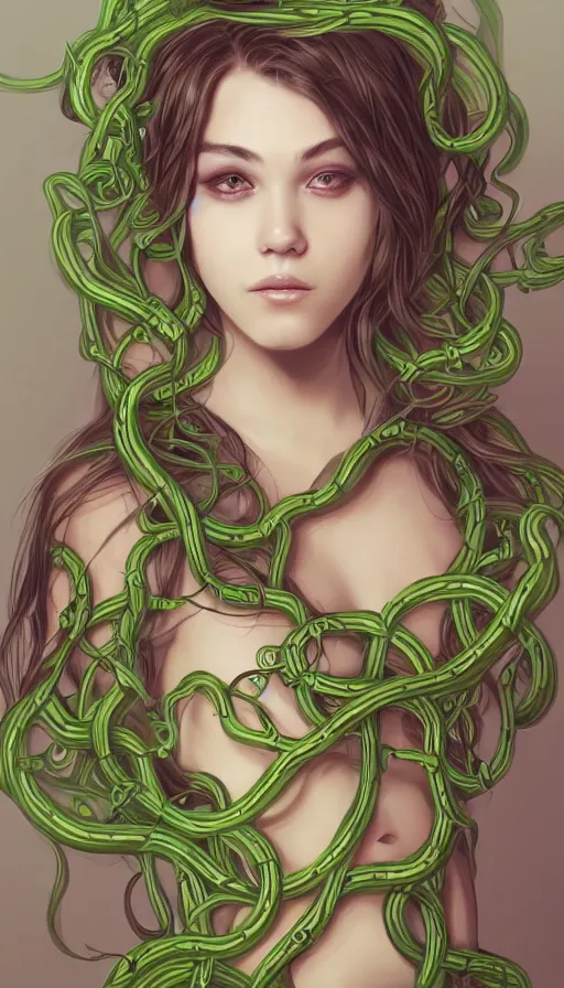 Image similar to very detailed portrait of a 2 0 years old girl surrounded by tentacles, the youg woman visage is blooming from fractal and vines, by artstation