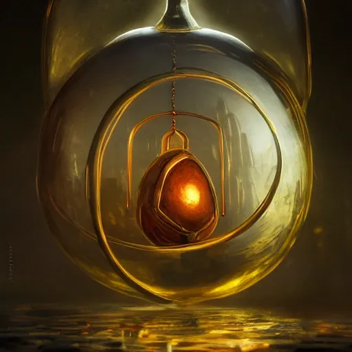 Prompt: medieval tech tech egg made of glass containing a baby creature inside, artificial creature plugged with long wires made of glass, liquids, DNA experiment, bright art masterpiece artstation. 8k, sharp high quality artwork in style of Fernando de Felipe and Greg Rutkowski, golden theme, concept art by Tooth Wu, blizzard warcraft artwork