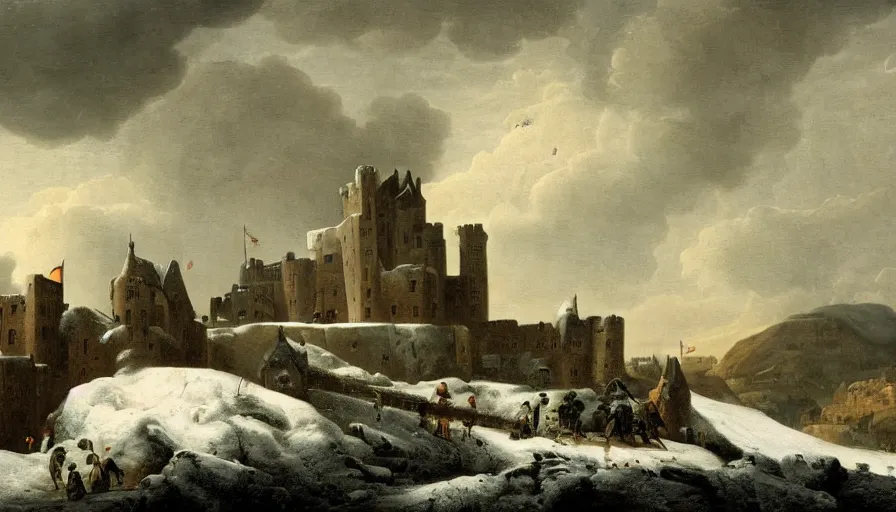 Prompt: huge castle upon a hill covered in snow with a dark cloudy stormy sky, striking landscape, dramatic scene during the first anglo - dutch war painted by jan beerstraaten