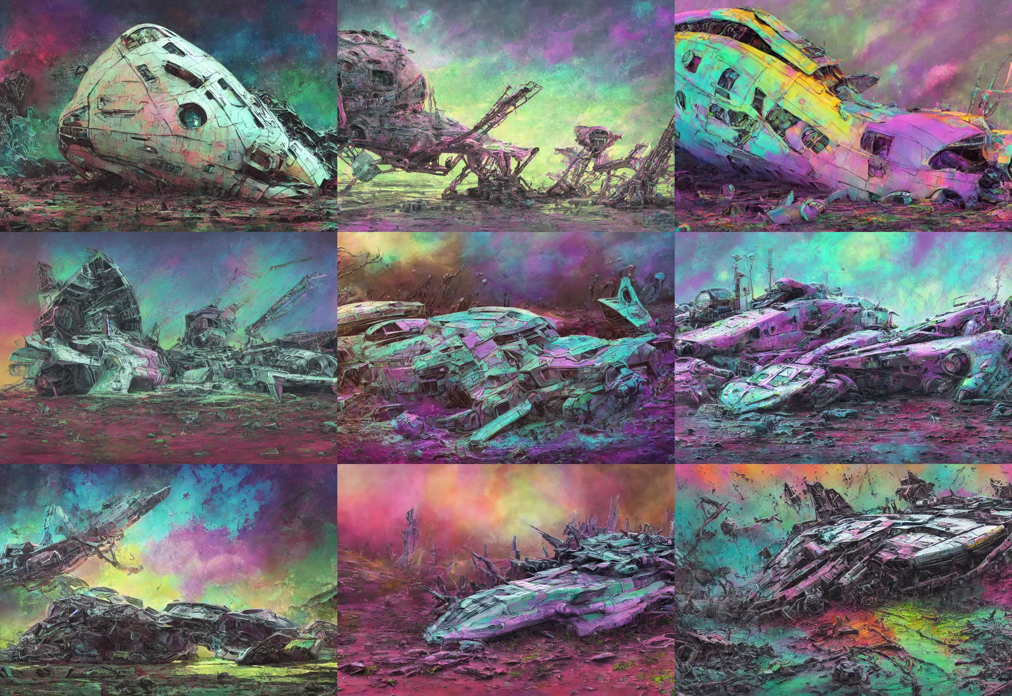 Prompt: colorful pastel painting crashed detailed alien scout ship in a very muddy swamp, dystopian, 4 k