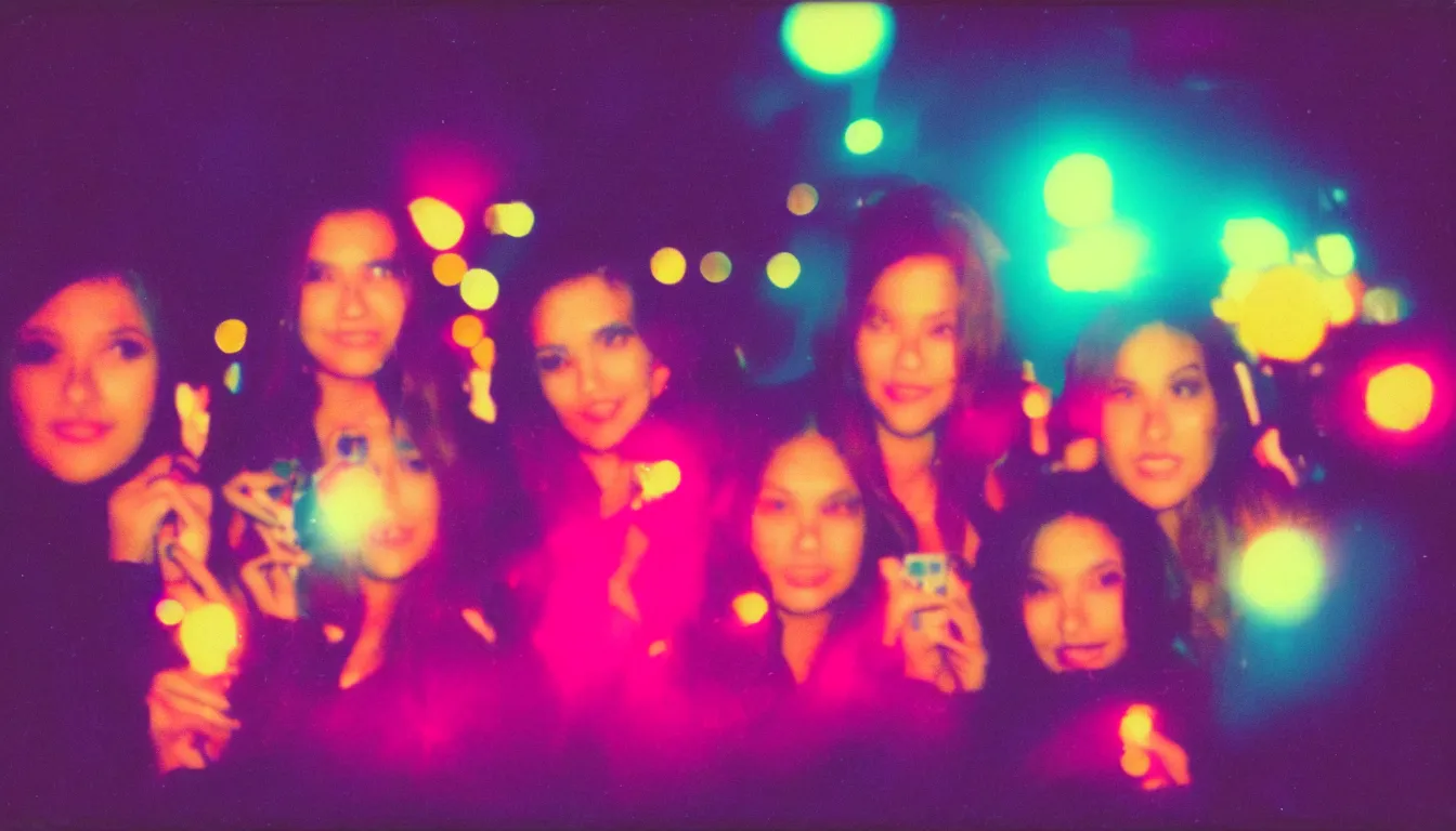 Image similar to colorful instant photograph girls night out in a city at night, polaroid, light leak, raw, nostalgic