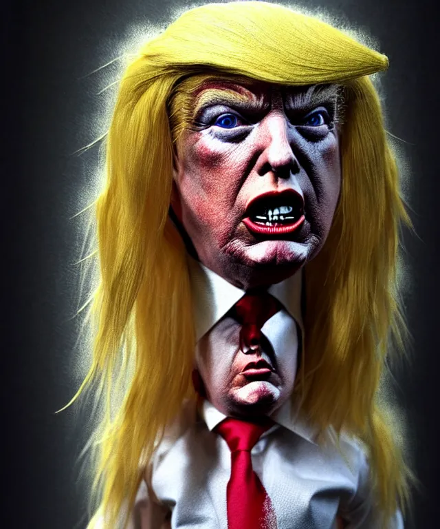 Image similar to hyperrealistic mixed media painting of Donald Trump as the doll from 'Saw', stunning 3d render inspired art by P. Craig Russell and Barry Windsor-Smith + perfect facial symmetry + dim volumetric lighting, ornate gothic armor, head and shoulders, d&d, arms crossed, serious expression, 8k octane beautifully detailed render, post-processing, extremely hyperdetailed, intricate, epic composition, grim yet sparkling atmosphere, cinematic lighting + masterpiece, trending on artstation, very very detailed, masterpiece, stunning