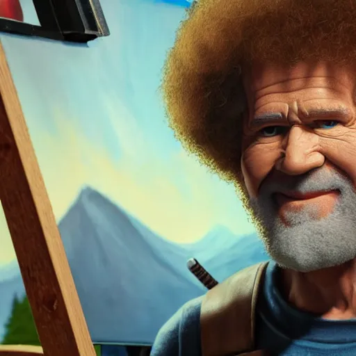 Image similar to a closeup photorealistic photograph of bob ross working on a canvas painting of deadpool. film still. brightly lit scene. mountains and trees. this 4 k hd image is trending on artstation, featured on behance, well - rendered, extra crisp, features intricate detail, epic composition and the style of unreal engine.