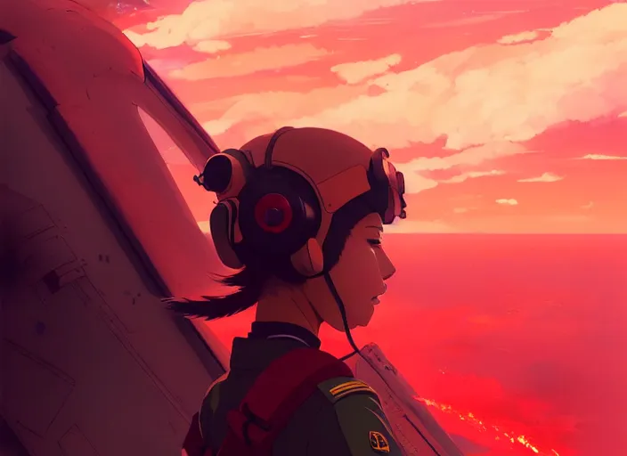 Image similar to portrait of pilot girl talking, red sky background, chaotic landscape, illustration concept art anime key visual trending pixiv fanbox by wlop and greg rutkowski and makoto shinkai and studio ghibli and kyoto animation, red body suit, military gear, handgun, red crow 1, grimdark