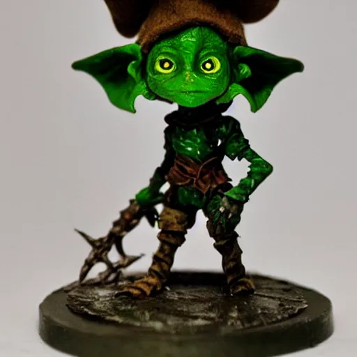 Image similar to cute tiny goblin girl with green skin wearing hunter armor from Bloodborne and a wizard hat, d&d, painting