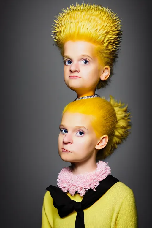 Prompt: studio portrait of girl that looks excactly like lisa simpson, lookalike, wears the same exact clothes, as if lisa simpson came to life, soft light, black background, fine details, close - up, award winning photo by martin schoeller