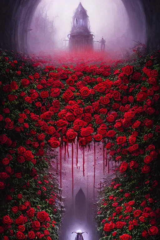 Image similar to poster style, a beautiful and terrifying painting with high details of reaper's garden with red fluid white roses in the foreground, movie atmosphere, movie lights, 8 k, light effect, rtx on, trending on artstation, by kilian eng, lee madgwick, bastien lecouffe - deharme