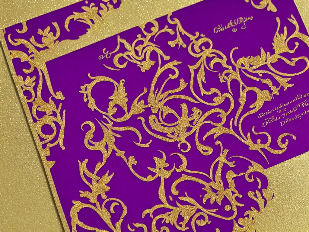 Image similar to Rich purple paper with delicate gold embossed borders, a card that is an invitation to a masquerade ball, intricate, beautiful, opulent