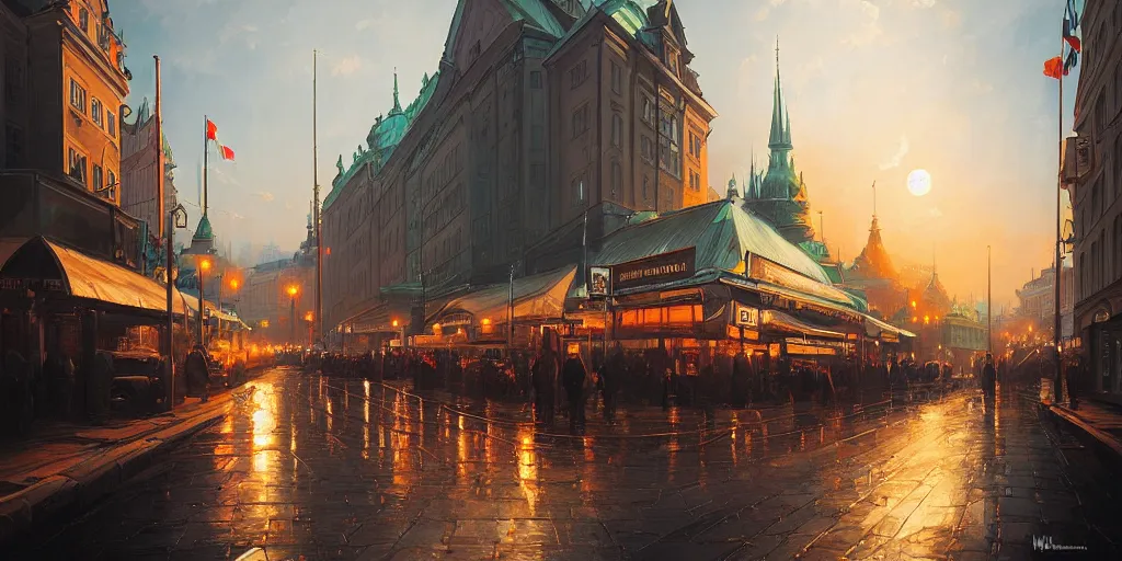 Image similar to beautiful oil on canvas painting of stockholm, dramatic lighting, cinematic, by dan mumford, by greg rutkowski, by wlop, by namek