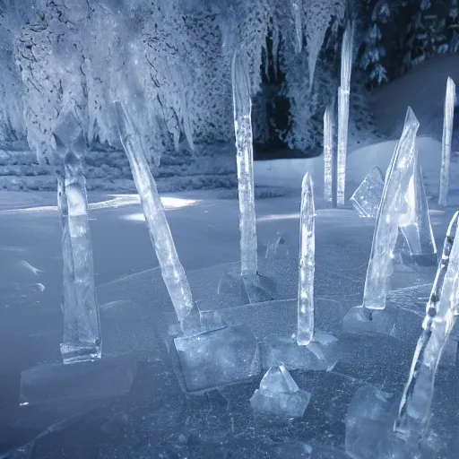 Image similar to ice spikes are summoned from the ground by magic, impalement knights by ice spikes, octane render, unreal engine