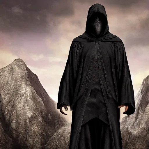 Image similar to a realistic full body of Konnor, a dragonblood, a black hood with black robes, extremely realistic and detailed, standing in front of a mountain