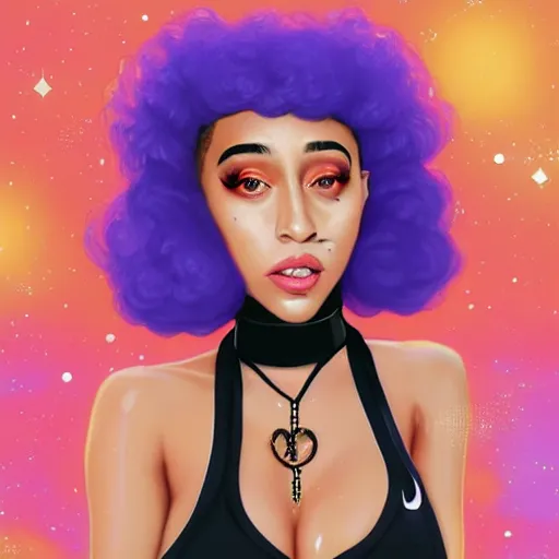 Image similar to paparazzi photo of Doja Cat on basketball court in outer space, beautiful beautiful beautiful beautiful beautiful beautiful beautiful digital art, a full body portrait, looking at camera, D&D, choker on neck, stylish, very long flowing hair, intricate, elegant, stylish, cute slightly nerdy smile, mouth slightly open, fantasy, extremely detailed, digital painting, artstation, concept art, smooth, sharp focus, illustration, stunning lighting, art by artgerm and greg rutkowski and alphonse mucha and simon stalenhag