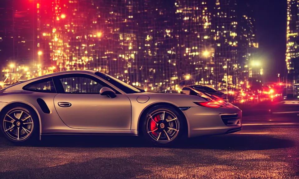 Image similar to photo of a porsche 911 at night in a city, dof, chromatic aberration, cinematic, 4k