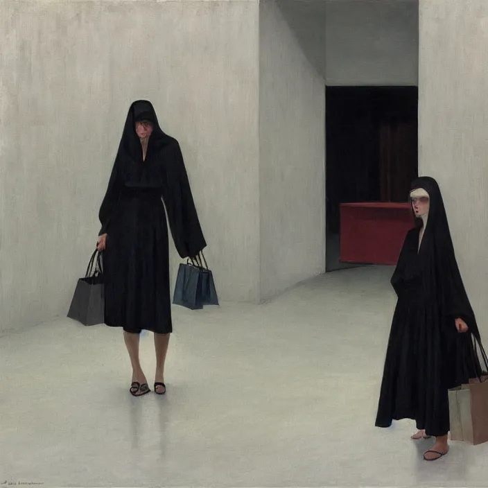 Image similar to woman in black robes, short skirt, in magnificent shopping mall, artstation, art by edward hopper, zdislav beksinski, wayne barlowe, edward hopper