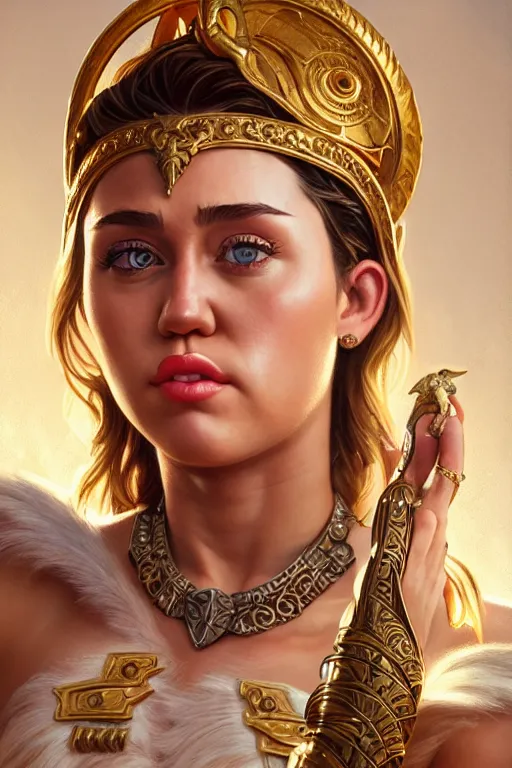 Image similar to miley cyrus as greek goddess athena, closeup, d & d, fantasy, intricate, elegant, highly detailed, digital painting, artstation, concept art, matte, sharp focus, illustration, hearthstone, art by artgerm and greg rutkowski and alphonse mucha