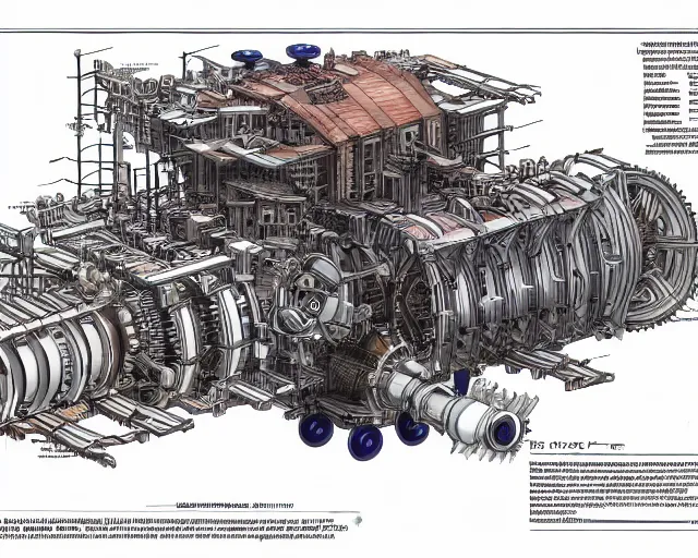 Prompt: a full page of a mechanical blueprint showing a simple cutaway design for a mechanized wolf from howl's moving castle ( 2 0 0 4 ), with people inside piloting it, muted colors, post grunge, studio ghibli, hq